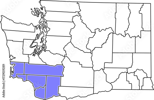 Detailed vector map of Washington, USA, highlighting the Southwest Washington region along the Columbia River.

