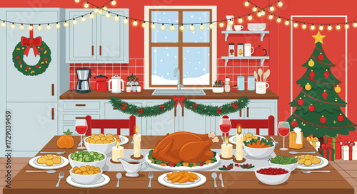 Festive Christmas Kitchen Scene with Fully Set Dinner Table Ready for Celebration
