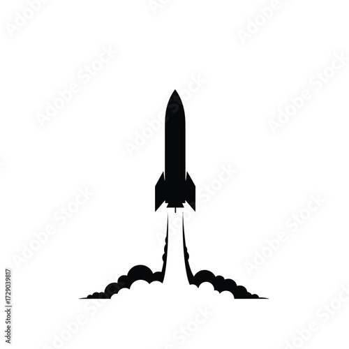 Rocket Launch Silhouette on White Background Depicting Space Exploration and Technological Advancement for Futuristic Designs and Innovation Projects Stock Illustration