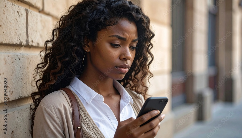 Fototapeta premium Young woman holding a mobile phone, looking at the screen with a sad facial expression
