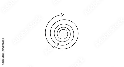 Black arrow isolated on white background, arrow png. A simple, minimalist line drawing showing a spiral with an arrow indicating direction.