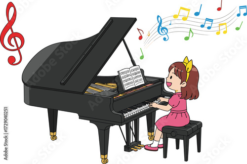 Cartoon girl playing grand piano, cute child musician, colorful music notes, learning instrument, piano practice, music education, happy childhood creativity