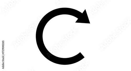 Black arrow isolated on white background, arrow png. A simple black arrow curving clockwise, indicating a circular movement on a white background.