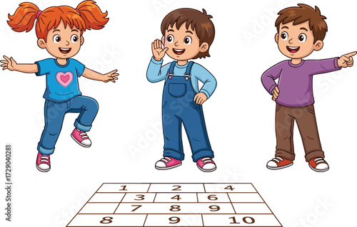 Cartoon kids playing hopscotch game, happy children outdoor activity, boy and girl jumping, fun childhood exercise, playground learning, teamwork illustration