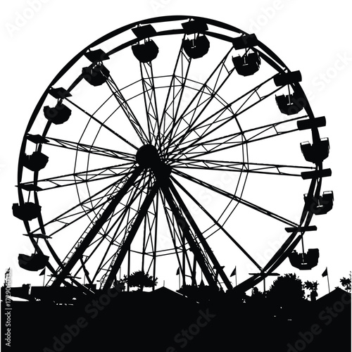 Silhouette of Ferris Wheel Against White Sky at Amusement Park Fairground with Tents and Trees Creates a Nostalgic and Festive Atmosphere for Summer Activities