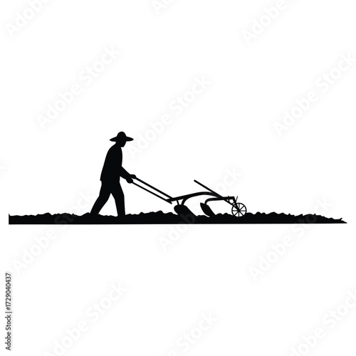 Silhouette of farmer plowing field with vintage plow agriculture and farming concept rural landscape cultivating land traditional agriculture rural life farming equipment and simple living black 