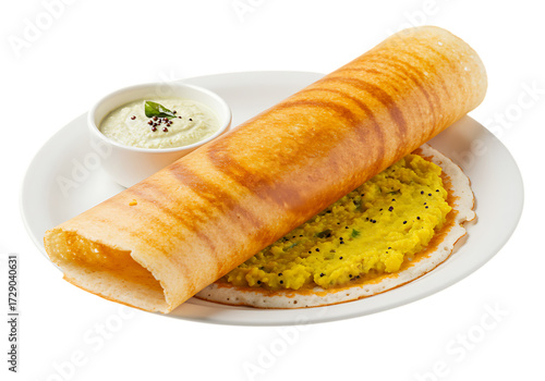 Masala dosa with chutney isolated on transparent background, a popular dish