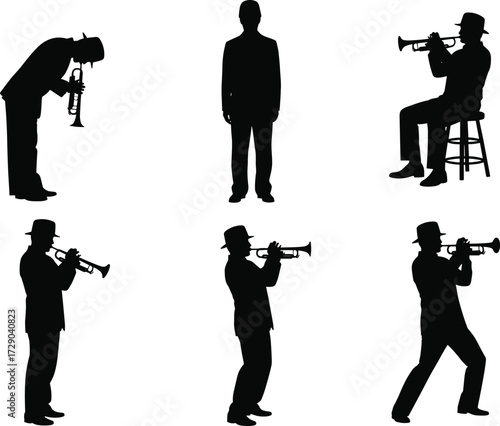 Trumpet player silhouette, jazz musician vector, trumpet art design, trumpet performance posture, trumpet music