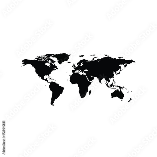 Black and White World Map Silhouette Global Representation Geography Continents and Oceans Cartography Illustration for Educational Resources and Infographics
