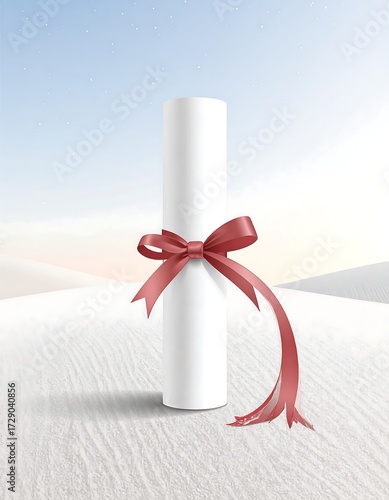 Blank scroll tied with ribbon on a snowy landscape