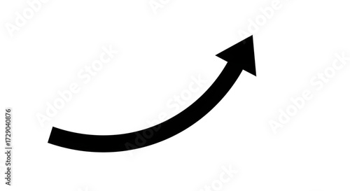 Black arrow isolated on white background, arrow png. A black curved arrow pointing upwards, indicating growth or direction on white background.