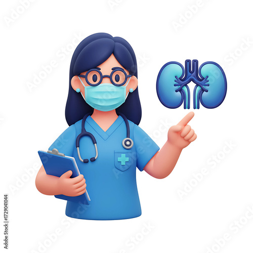 Female Urologist Doctor Icon with Mask and Kidneys Illustration – Healthcare Specialist Vector