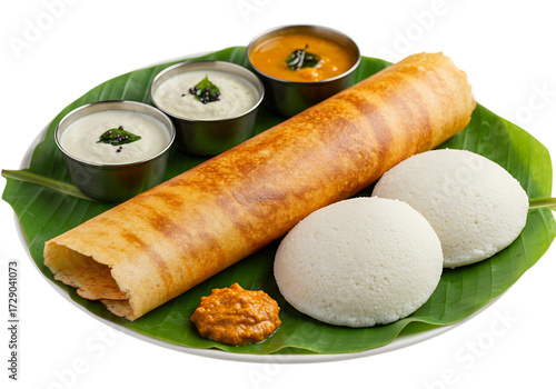 South indian dish with dosa, idli, and chutneys isolated on transparent background