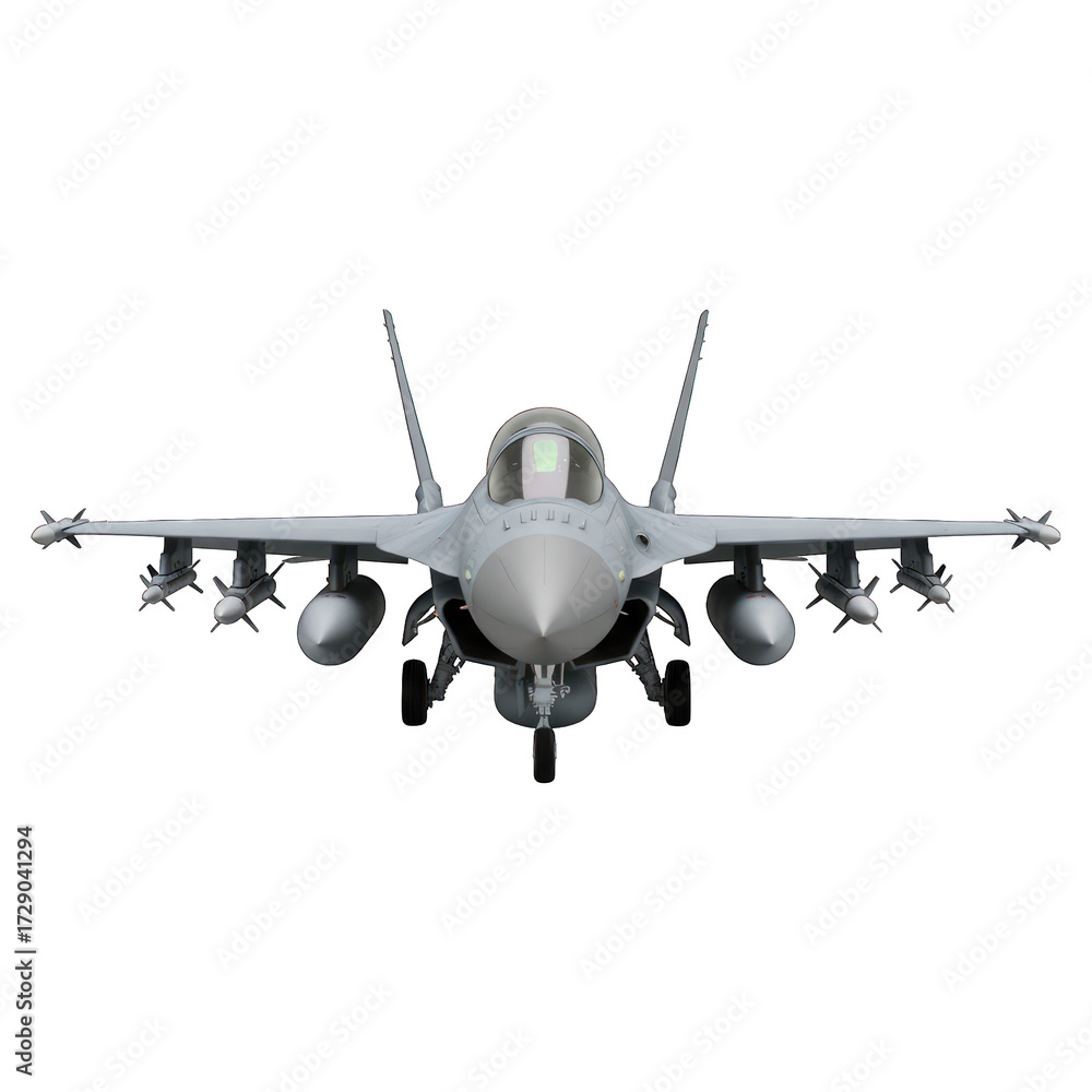 Fototapeta premium Front view of a military jet fighter. Gray aircraft with visible weaponry, nose and cockpit. Detailed design elements