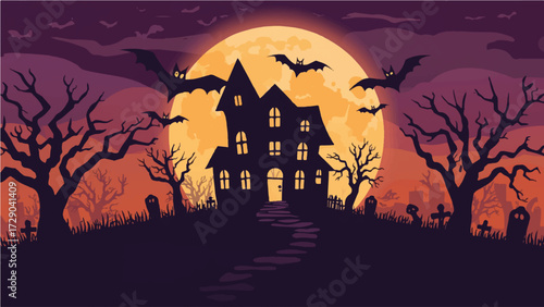 Spooky haunted house on a hill with graveyard, full moon, bats, and eerie trees, perfect for Halloween designs and scary themes
