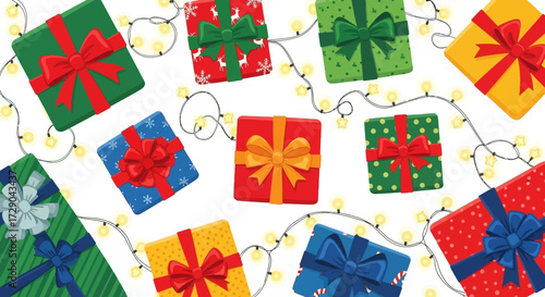 Festive holiday presents with decorative string lights for seasonal cheer celebration