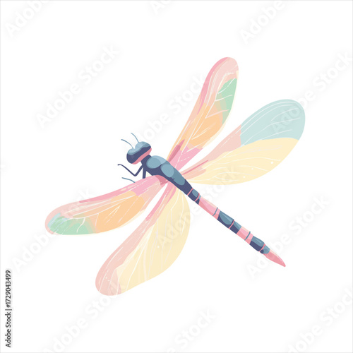 Colorful dragonfly illustration.  Delicate pastel colored dragonfly in flight, showcasing soft shades of pink, yellow, and light blue