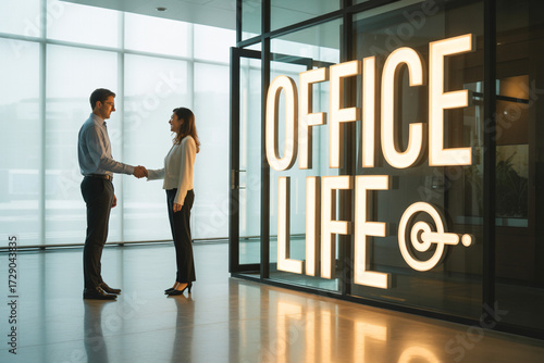 Professional handshake between diverse business partners in modern office lobby celebrating successful deal, conveying partnership and growth opportunities