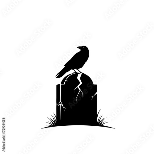 Black silhouette of a crow perched on a cracked tombstone isolated on white background