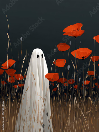 Sheet ghost standing in a field of poppies with black background.