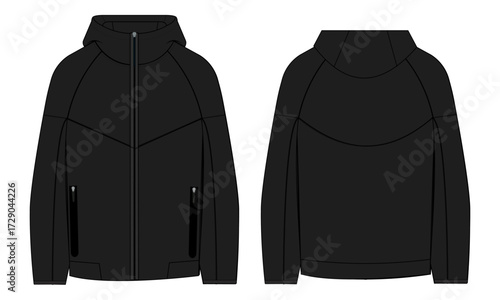Long sleeve black color hoodie template front and back