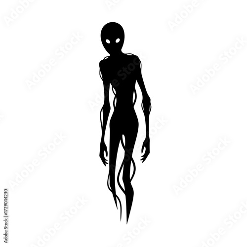 Eerie thin humanoid creature silhouette with glowing eyes isolated on white background