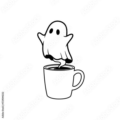 Cartoon ghost emerging from a coffee cup silhouette isolated on white background
