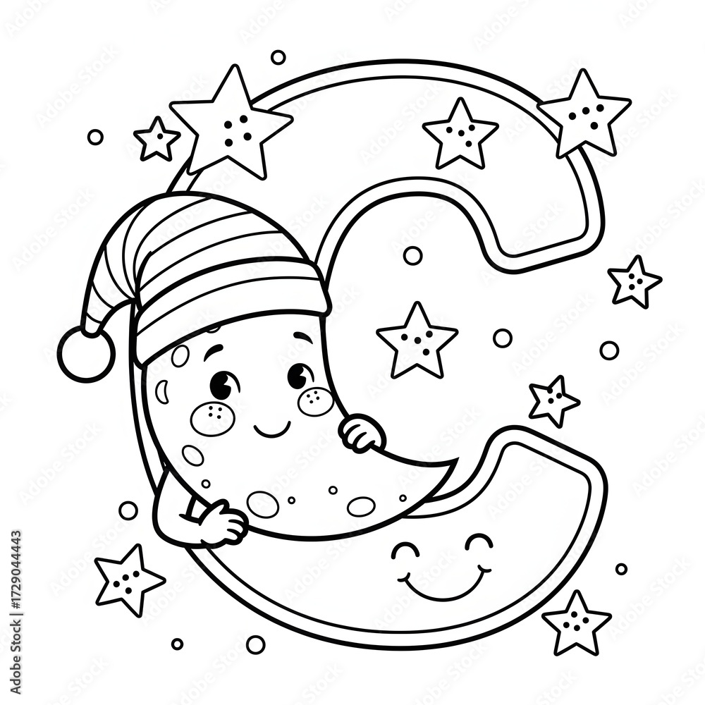 Fototapeta Cute moon and letter C coloring page. Adorable bedtime-themed illustration. Happy full moon in a sleeping cap hugging a smiling letter C with scattered stars. Fun printable activity for kids.