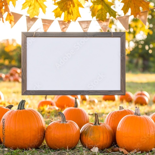 Blank sign surrounded by pumpkins in autumn setting