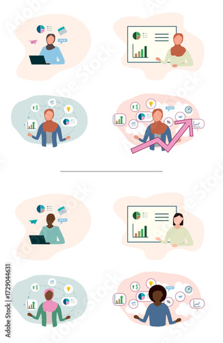 Business analytics corporate set of illustrations with diverse ethnicities (muslim, hijabi, black, african, asian)