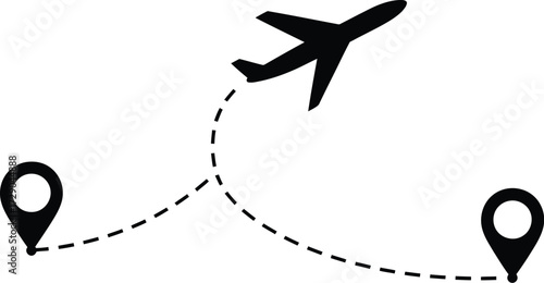 Airplane taking off on a journey between two destinations, symbolizing travel and adventure.