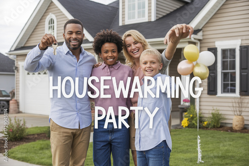Joyful family celebrating new home ownership with keys and balloons, embracing the excitement of a housewarming party and a bright future.