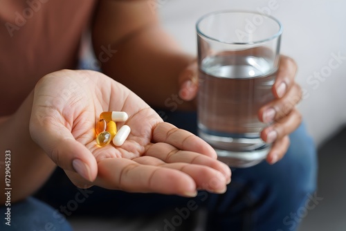 l close-up photograph of a woman taking dietary supplements in a clean medical style. One hand gently picks up vitamin D and vitamin C capsules, while the other hand holds a clear glass of water, read