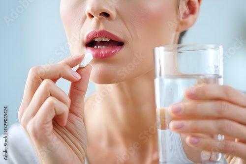 close-up photograph of a woman about to take medicine. One hand holds a single pill close to her slightly open mouth, while the other hand holds a clear glass of water.