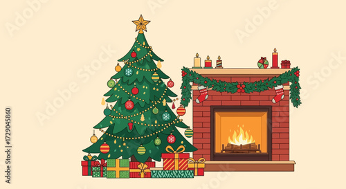 Festive christmas scene with decorated tree gifts and cozy fireplace anticipation