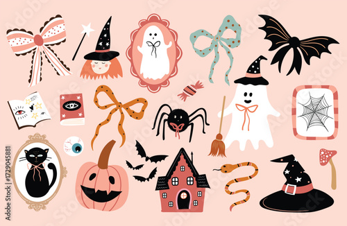 Halloween collection with cute vintage  elements, bow decorative set