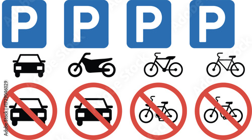 Parking signs for cars, motorcycles, and bicycles with prohibition symbols.