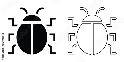 Two Bug Icons Vector – Solid and Line Art Minimalist Insect Symbols for Software, Debugging, UI Design, and Error Concepts