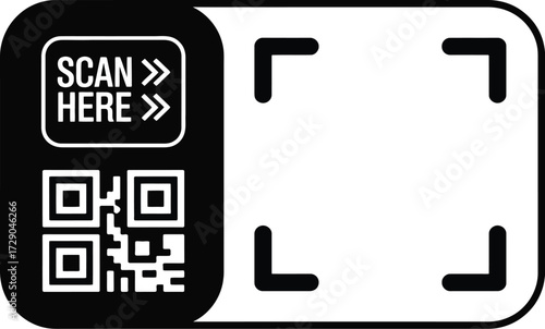 QR code and "Scan Here" text with framing guides for digital interaction