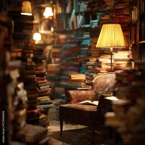Cozy reading nook surrounded by towe stacks of colorful books with warm ambient lighting from a classic table lamp, vintage armchair, and brick wall background