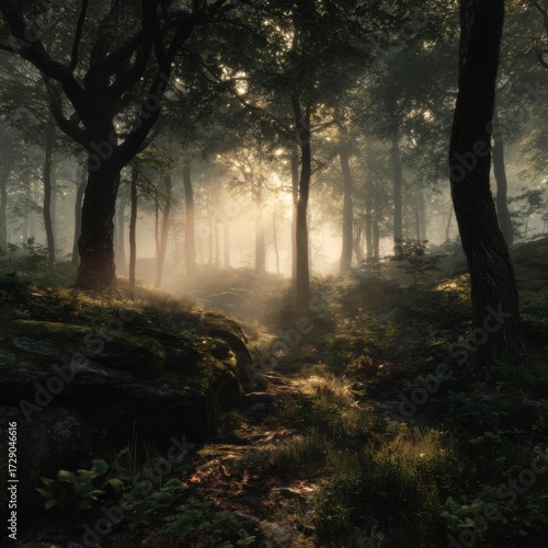 Serene forest scene with tall trees illuminated by morning sunlight filte through the dense canopy creating a tranquil and misty natural environment