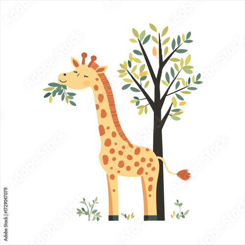 Cute giraffe eating leaves under a tree
