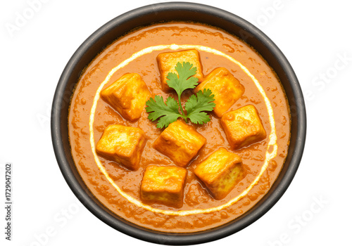 Delicious paneer butter masala isolated on transparent background, top view