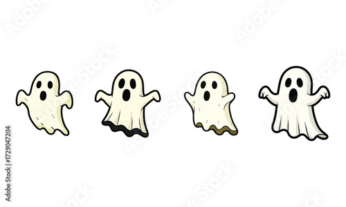 Cute Halloween Ghost Characters Vector Illustration Set Friendly Boo