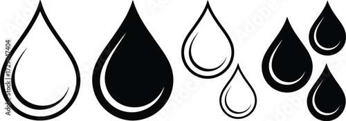 Set of stylized water drops in black and white, representing purity and fluidity.