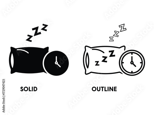 Restful sleep icons with pillow clock and zzz symbols in solid and outline styles