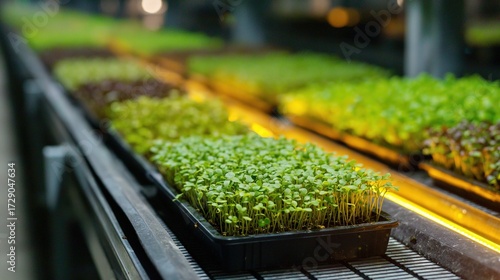 Fresh Microgreens in Seedling Tray, Indoor Planting and Gardening Scene Material