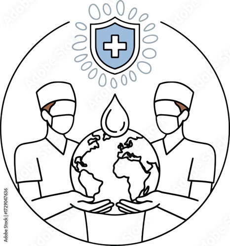 Two masked figures hold planet Earth with water drop and shield healthcare medical