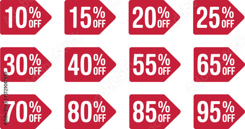 Collection of red discount tags showing various percentage off savings