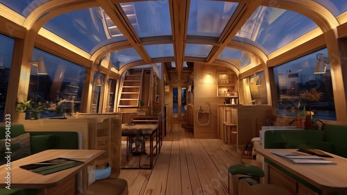 Modern houseboat interior night